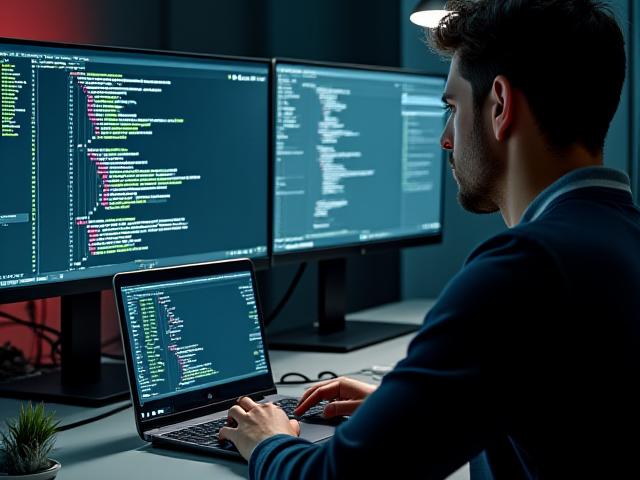 Développeur travaillant sur un ordinateur avec du code visible à l'écran, symbolisant le développement de logiciels sur mesure et l'efficacité opérationnelle.